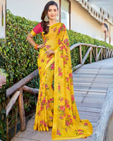 Vishal Prints Golden Yellow Printed Brasso Saree With Fancy Border