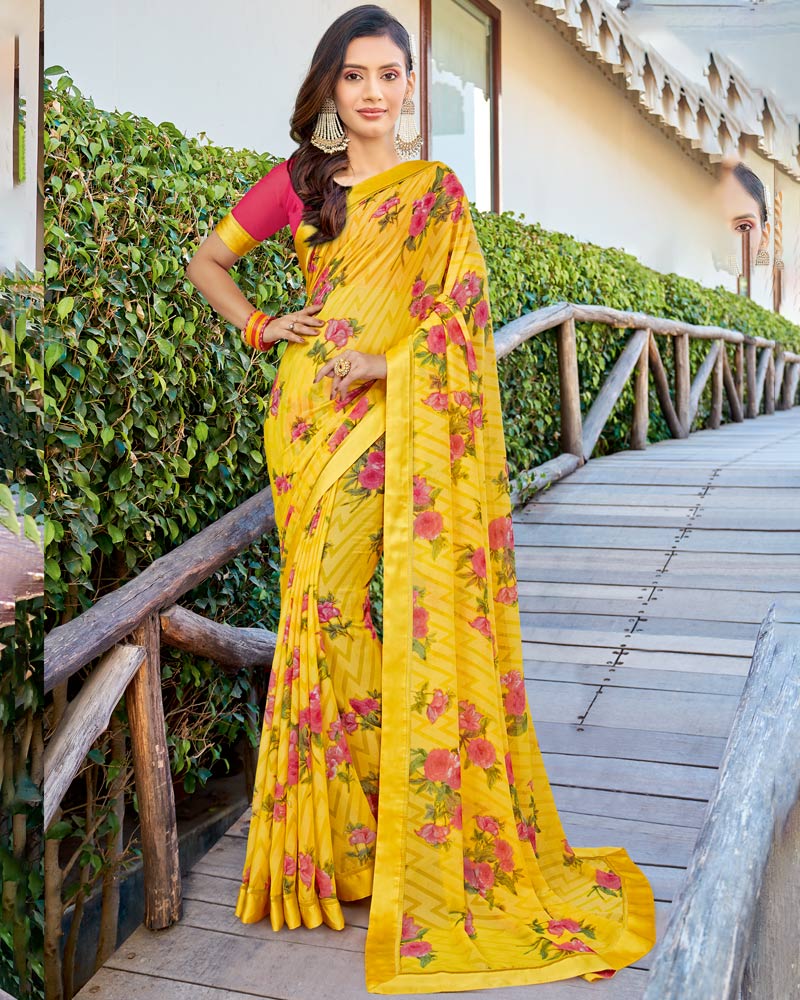 Vishal Prints Golden Yellow Printed Brasso Saree With Fancy Border