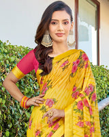 Vishal Prints Golden Yellow Printed Brasso Saree With Fancy Border