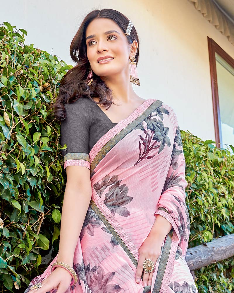Vishal Prints Baby Pink Printed Brasso Saree With Fancy Border