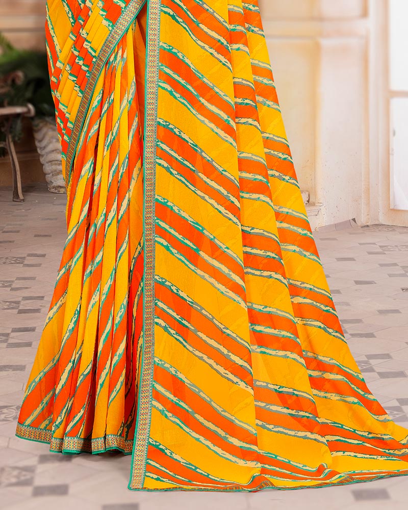 Vishal Prints Dark Yellow Printed Georgette Saree With Zari Border