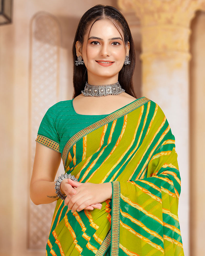 Vishal Prints Olive Yellow Printed Georgette Saree With Zari Border