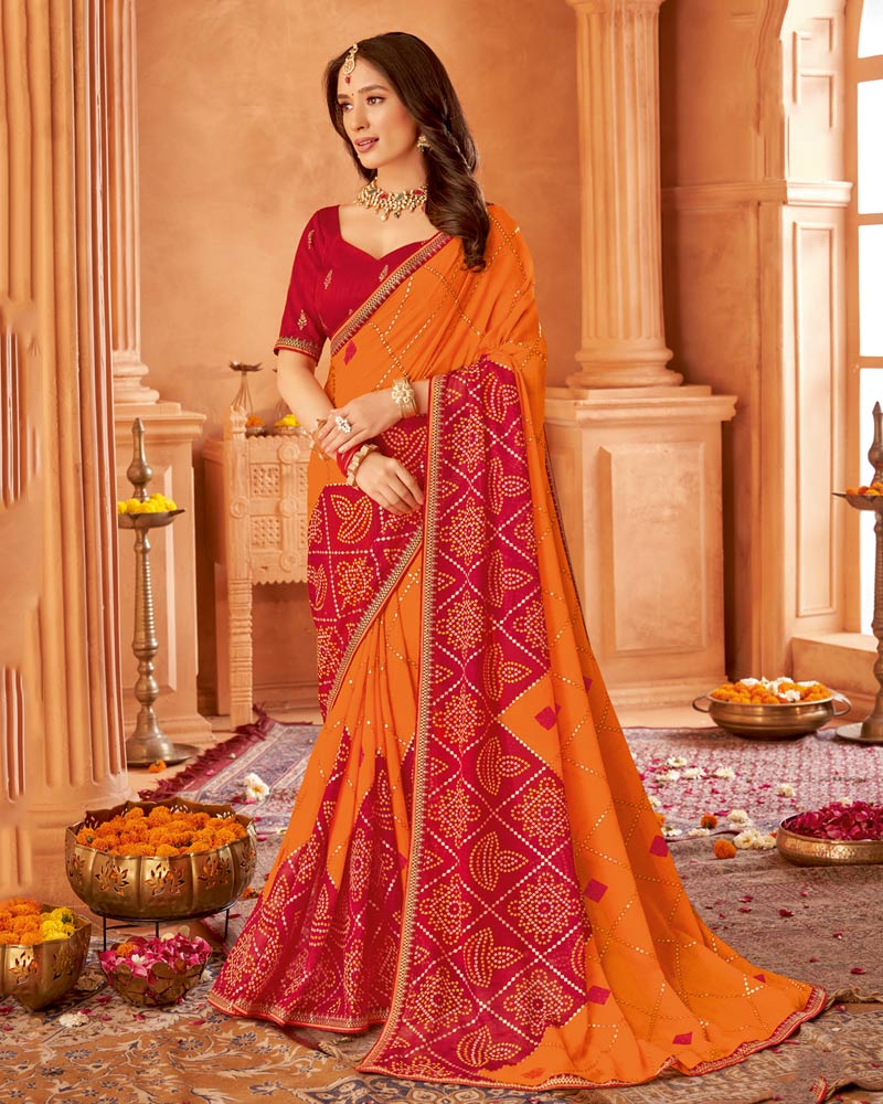 Vishal Prints Papaya Orange Printed Chiffon Bandhani Print Saree With Foil Print And Fancy Border