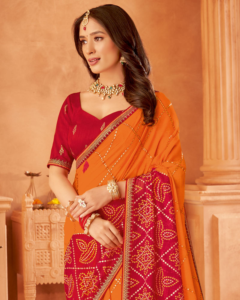 Vishal Prints Papaya Orange Printed Chiffon Bandhani Print Saree With Foil Print And Fancy Border
