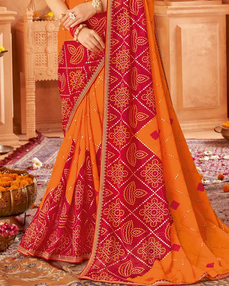 Vishal Prints Papaya Orange Printed Chiffon Bandhani Print Saree With Foil Print And Fancy Border