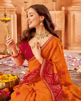 Vishal Prints Papaya Orange Printed Chiffon Bandhani Print Saree With Foil Print And Fancy Border
