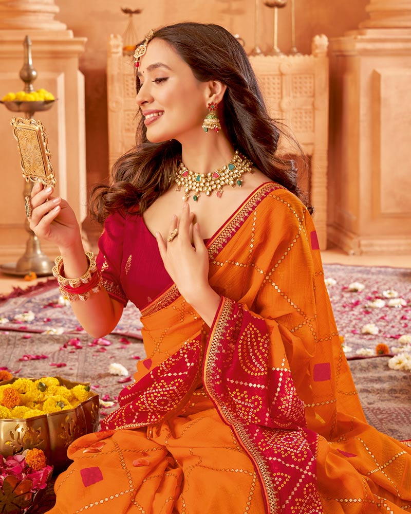Vishal Prints Papaya Orange Printed Chiffon Bandhani Print Saree With Foil Print And Fancy Border