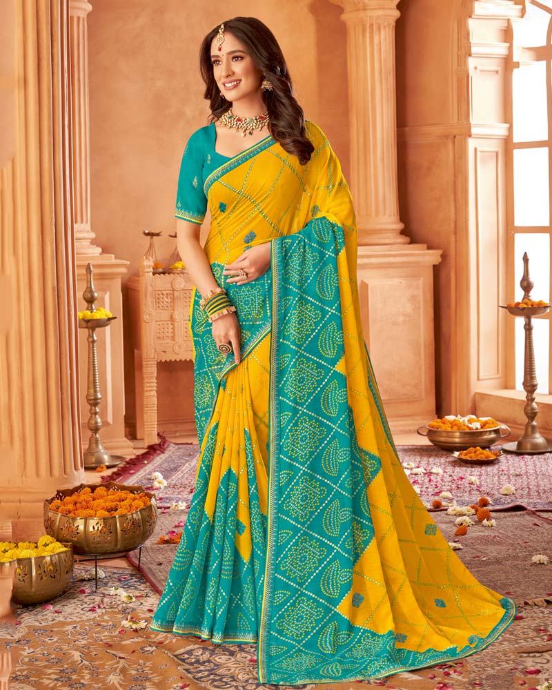 Vishal Prints Teal Green Printed Chiffon Bandhani Print Saree With Foil Print And Fancy Border