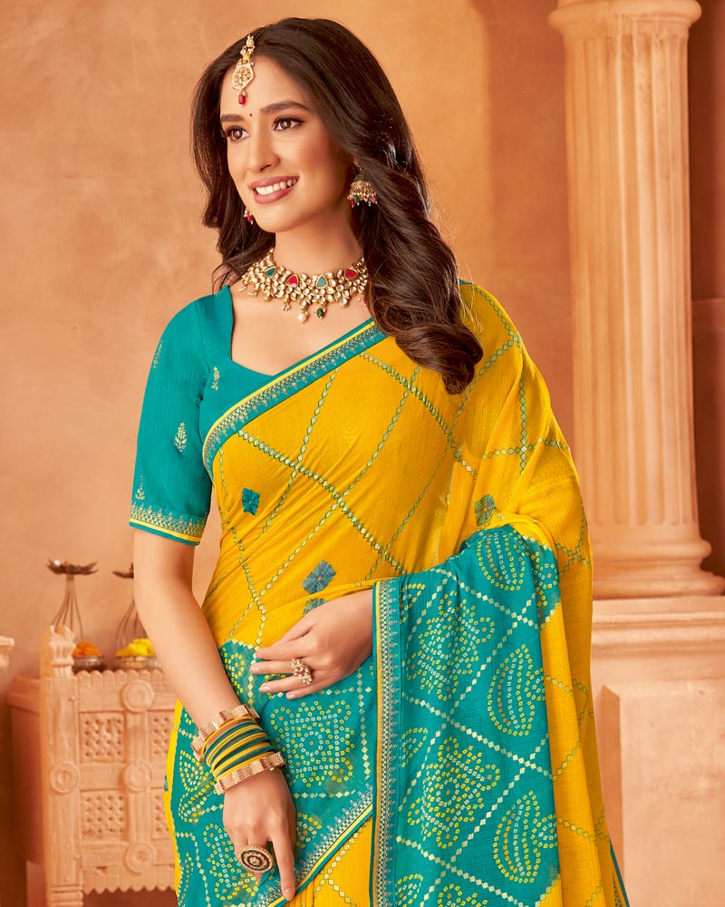 Vishal Prints Teal Green Printed Chiffon Bandhani Print Saree With Foil Print And Fancy Border