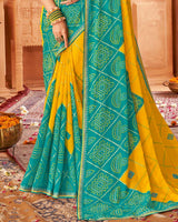Vishal Prints Teal Green Printed Chiffon Bandhani Print Saree With Foil Print And Fancy Border
