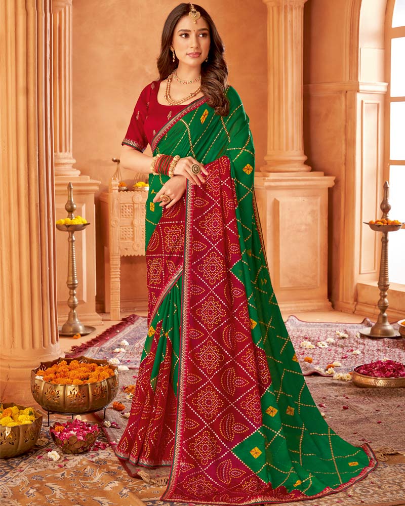 Vishal Prints Dark Forest Green Printed Chiffon Bandhani Print Saree With Foil Print And Fancy Border