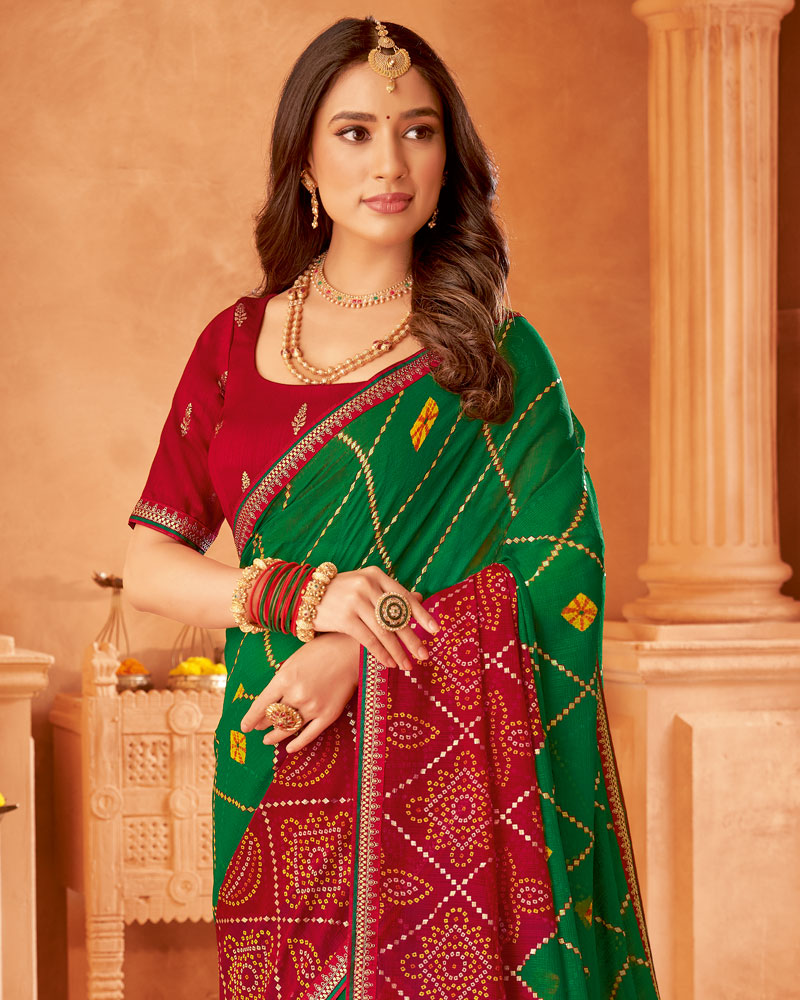Vishal Prints Dark Forest Green Printed Chiffon Bandhani Print Saree With Foil Print And Fancy Border