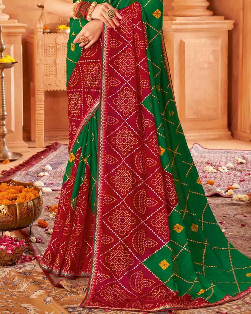 Vishal Prints Dark Forest Green Printed Chiffon Bandhani Print Saree With Foil Print And Fancy Border