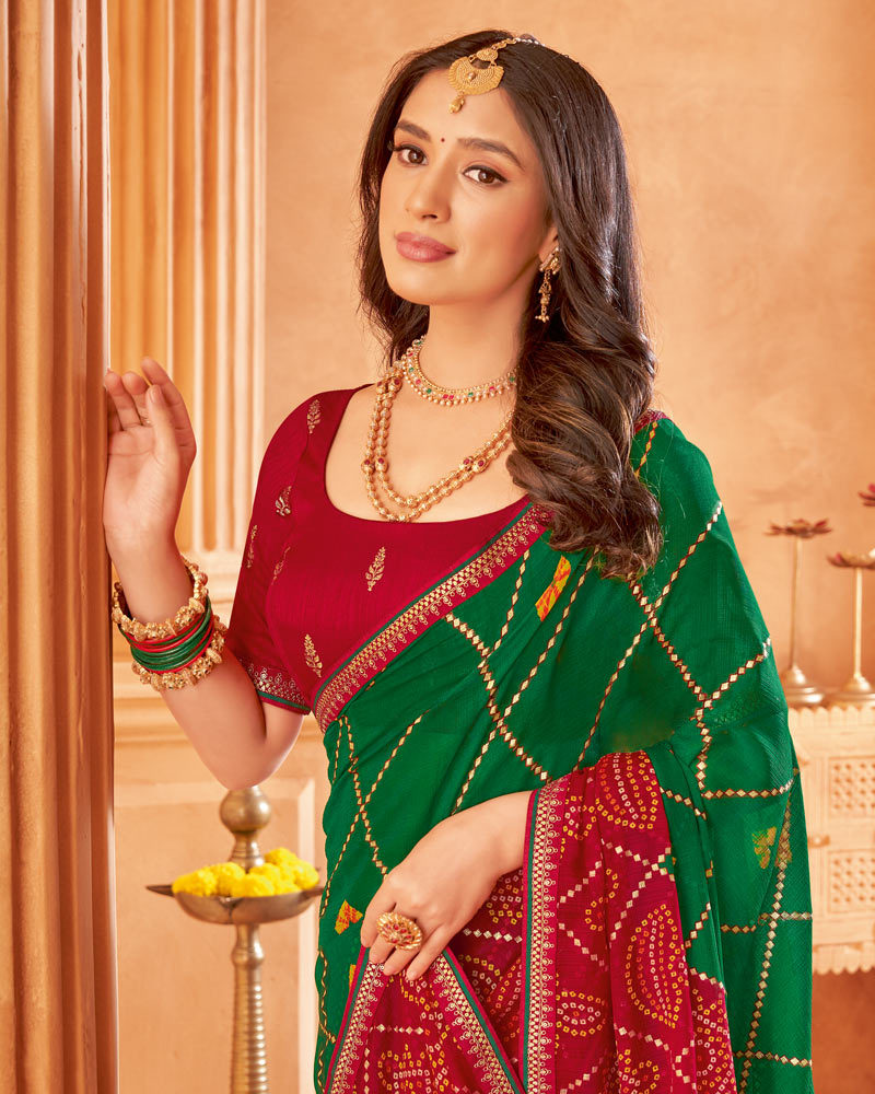 Vishal Prints Dark Forest Green Printed Chiffon Bandhani Print Saree With Foil Print And Fancy Border