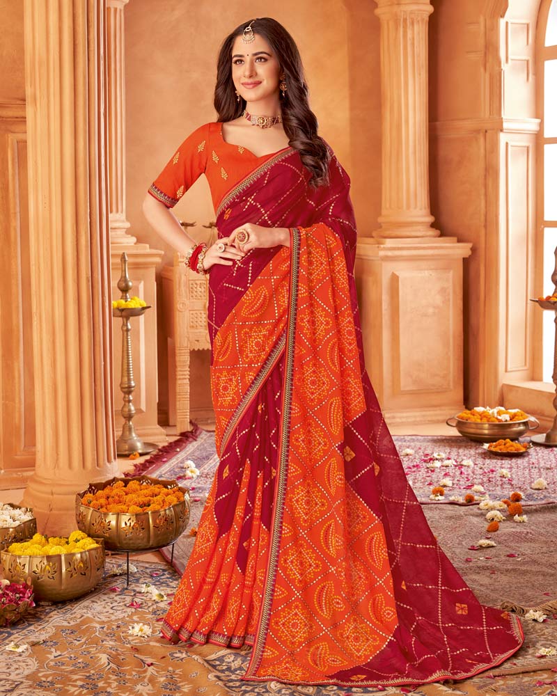 Vishal Prints Brick Red Printed Chiffon Bandhani Print Saree With Foil Print And Fancy Border