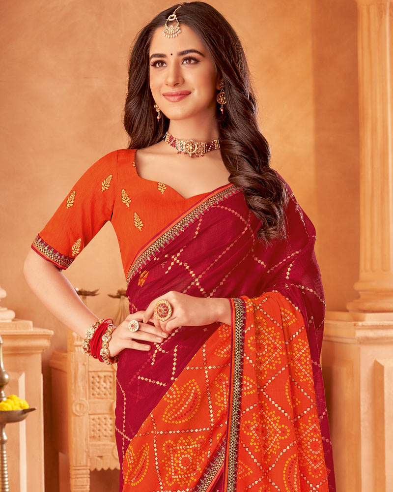 Vishal Prints Brick Red Printed Chiffon Bandhani Print Saree With Foil Print And Fancy Border
