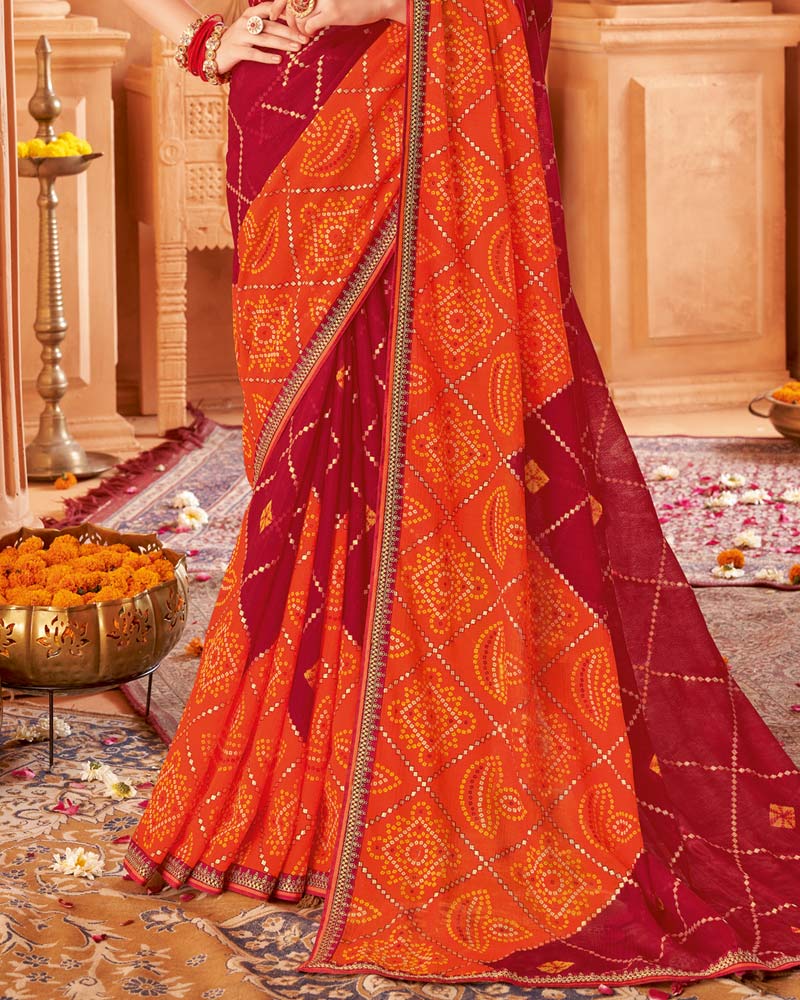 Vishal Prints Brick Red Printed Chiffon Bandhani Print Saree With Foil Print And Fancy Border