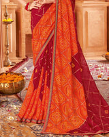 Vishal Prints Brick Red Printed Chiffon Bandhani Print Saree With Foil Print And Fancy Border