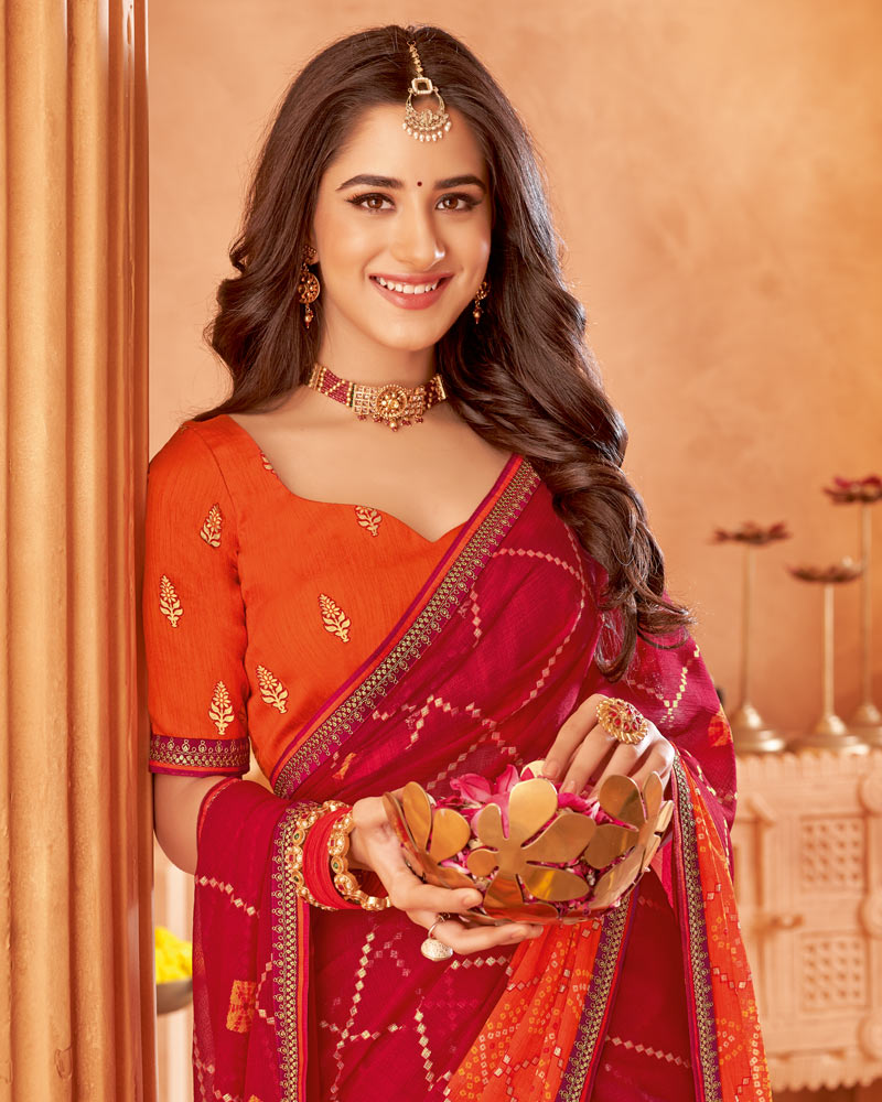Vishal Prints Brick Red Printed Chiffon Bandhani Print Saree With Foil Print And Fancy Border