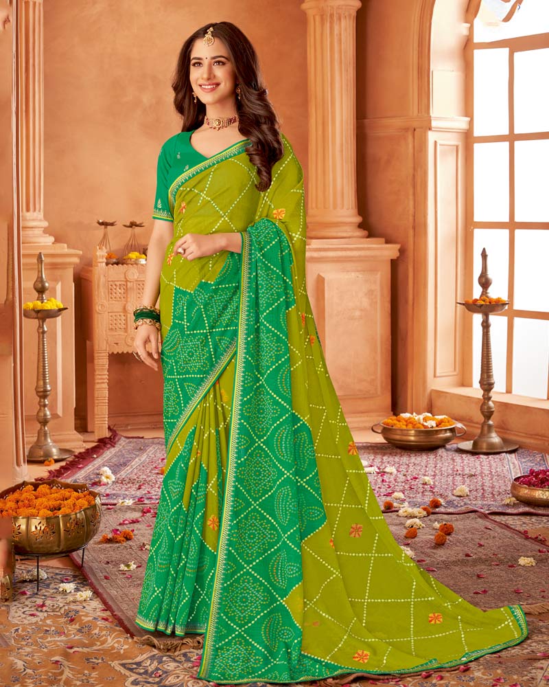 Vishal Prints Olive Green Printed Chiffon Bandhani Print Saree With Foil Print And Fancy Border