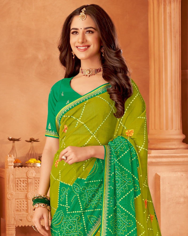 Vishal Prints Olive Green Printed Chiffon Bandhani Print Saree With Foil Print And Fancy Border