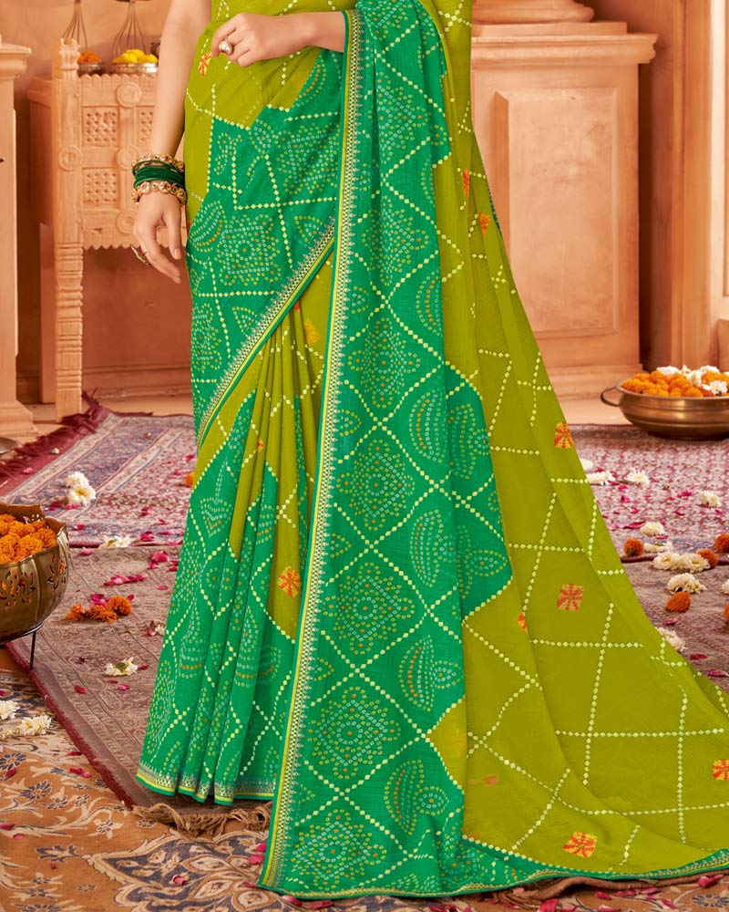 Vishal Prints Olive Green Printed Chiffon Bandhani Print Saree With Foil Print And Fancy Border