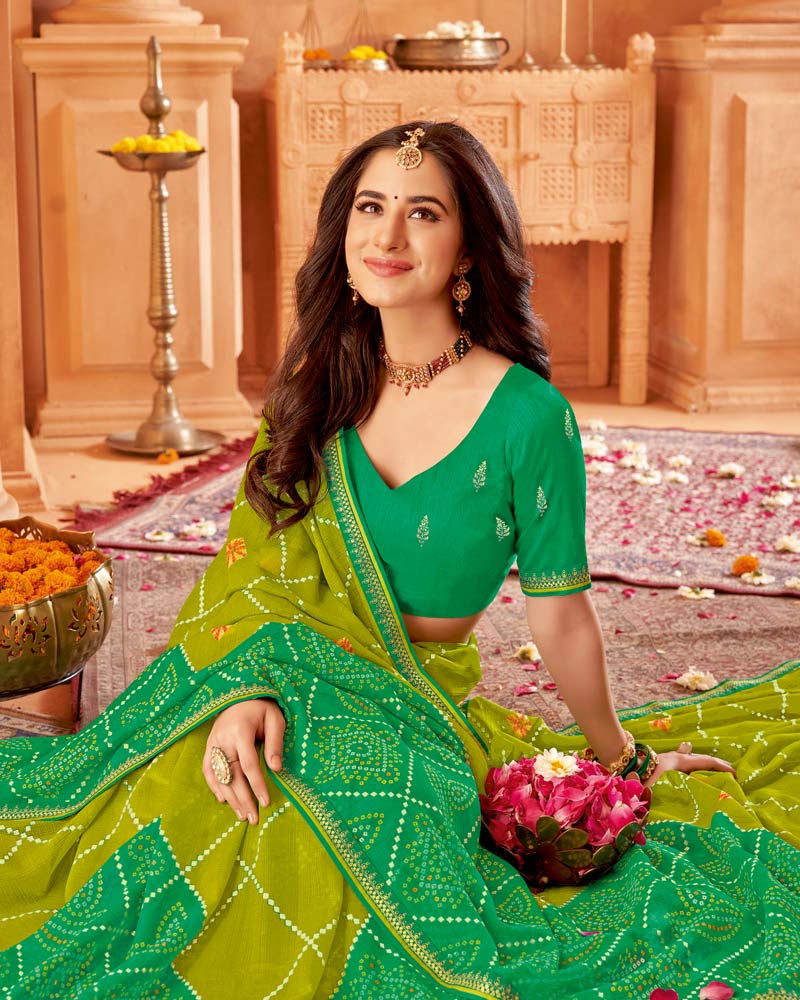 Vishal Prints Olive Green Printed Chiffon Bandhani Print Saree With Foil Print And Fancy Border