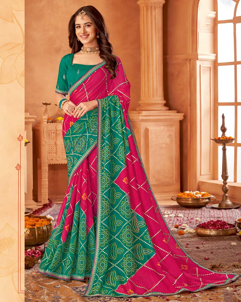 Vishal Prints Burnt Pink Printed Chiffon Bandhani Print Saree With Foil Print And Fancy Border