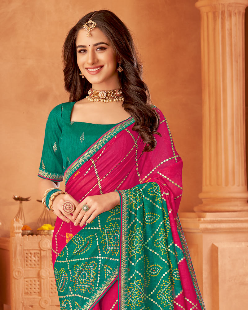 Vishal Prints Burnt Pink Printed Chiffon Bandhani Print Saree With Foil Print And Fancy Border