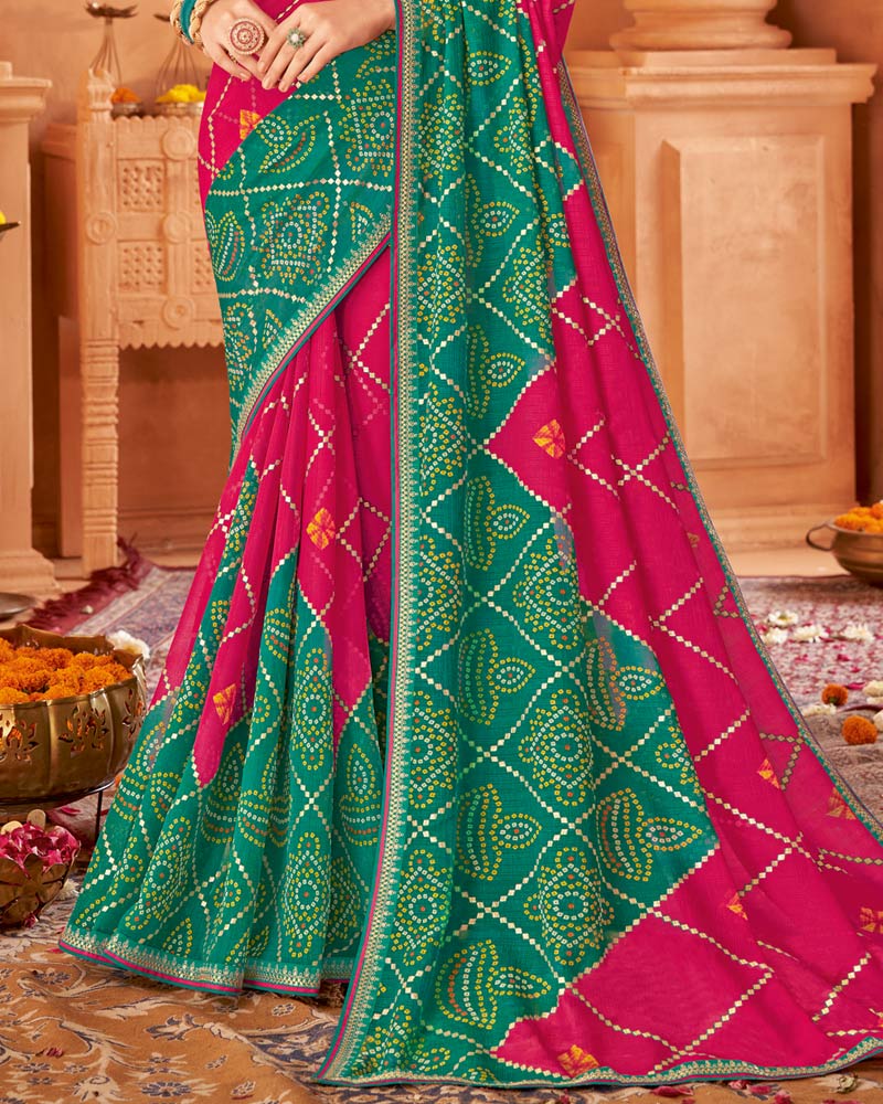 Vishal Prints Burnt Pink Printed Chiffon Bandhani Print Saree With Foil Print And Fancy Border