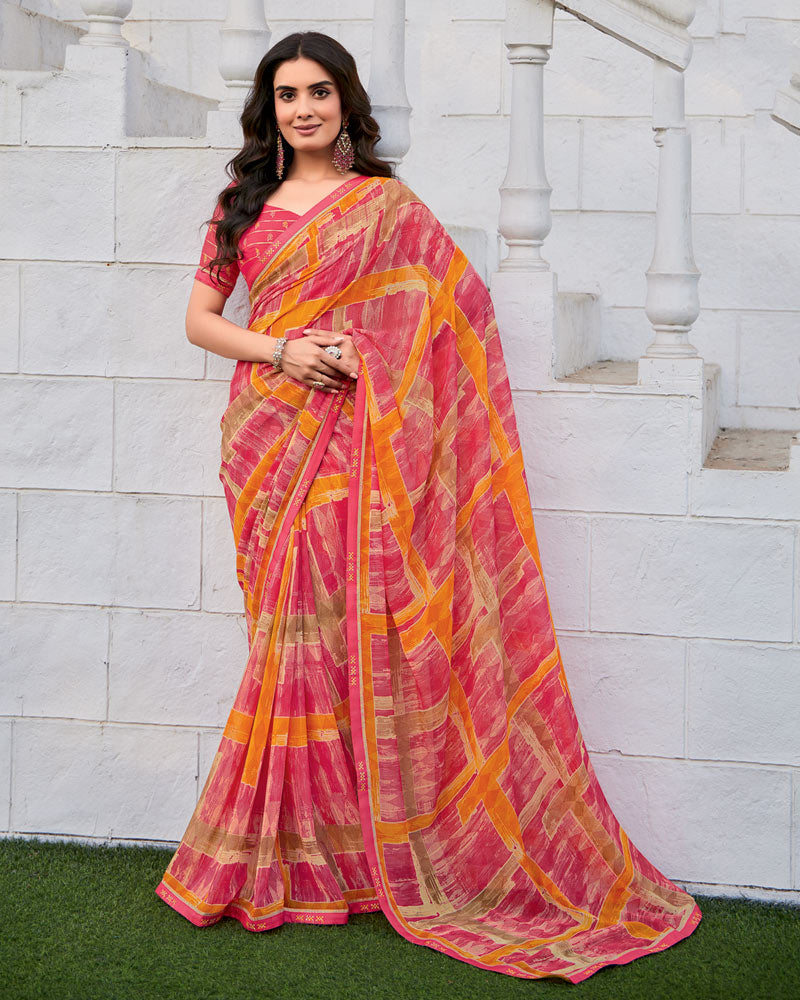 Vishal Prints Light Carmine Pink Printed Patterned Georgette Saree With Fancy Border