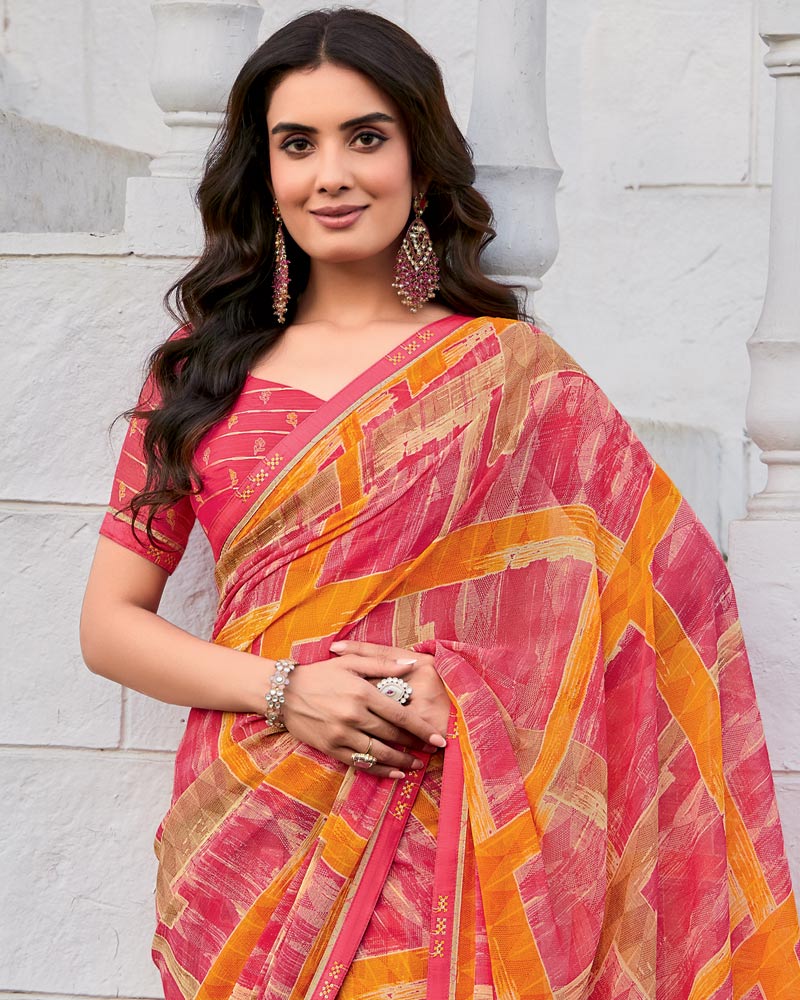 Vishal Prints Light Carmine Pink Printed Patterned Georgette Saree With Fancy Border