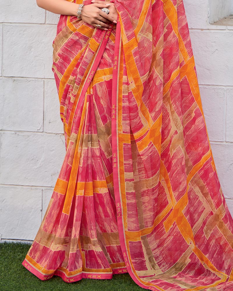 Vishal Prints Light Carmine Pink Printed Patterned Georgette Saree With Fancy Border