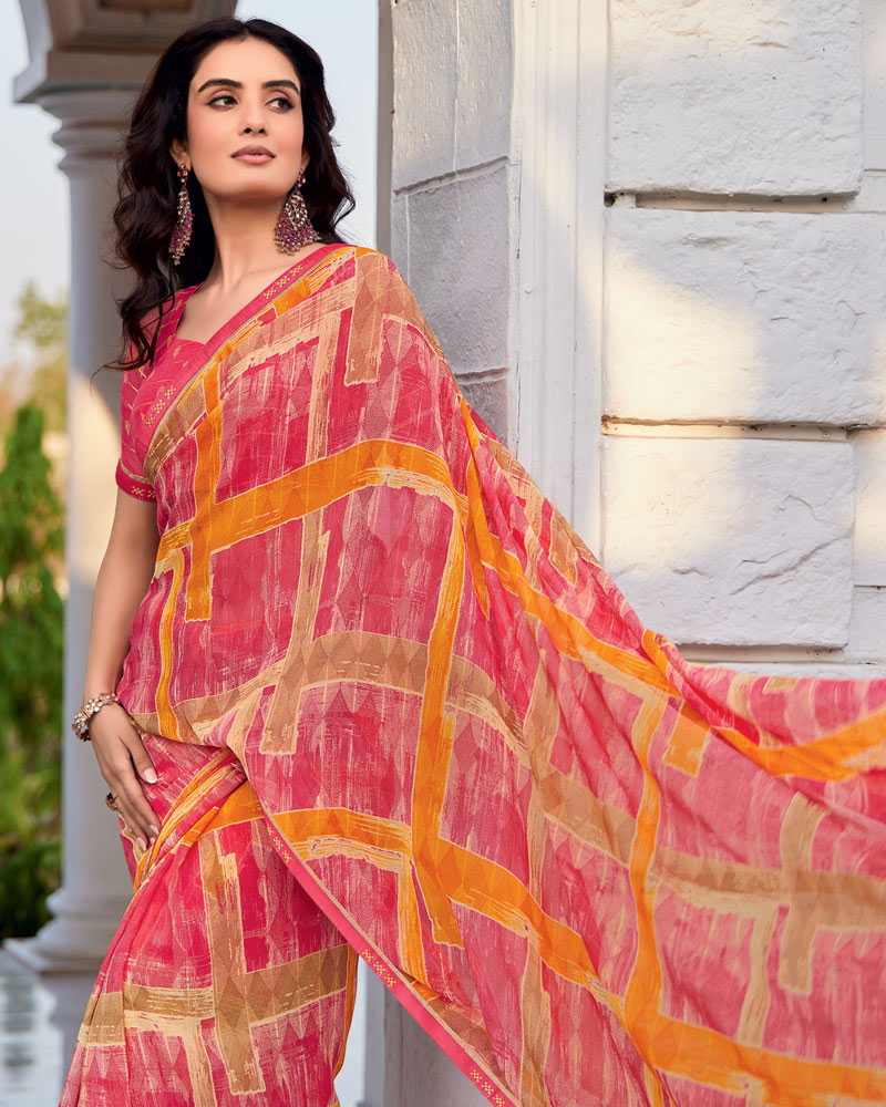 Vishal Prints Light Carmine Pink Printed Patterned Georgette Saree With Fancy Border