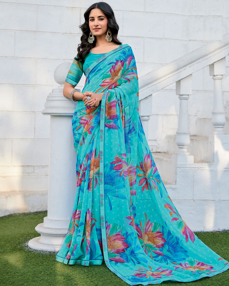 Vishal Prints Fountain Blue Printed Patterned Georgette Saree With Fancy Border