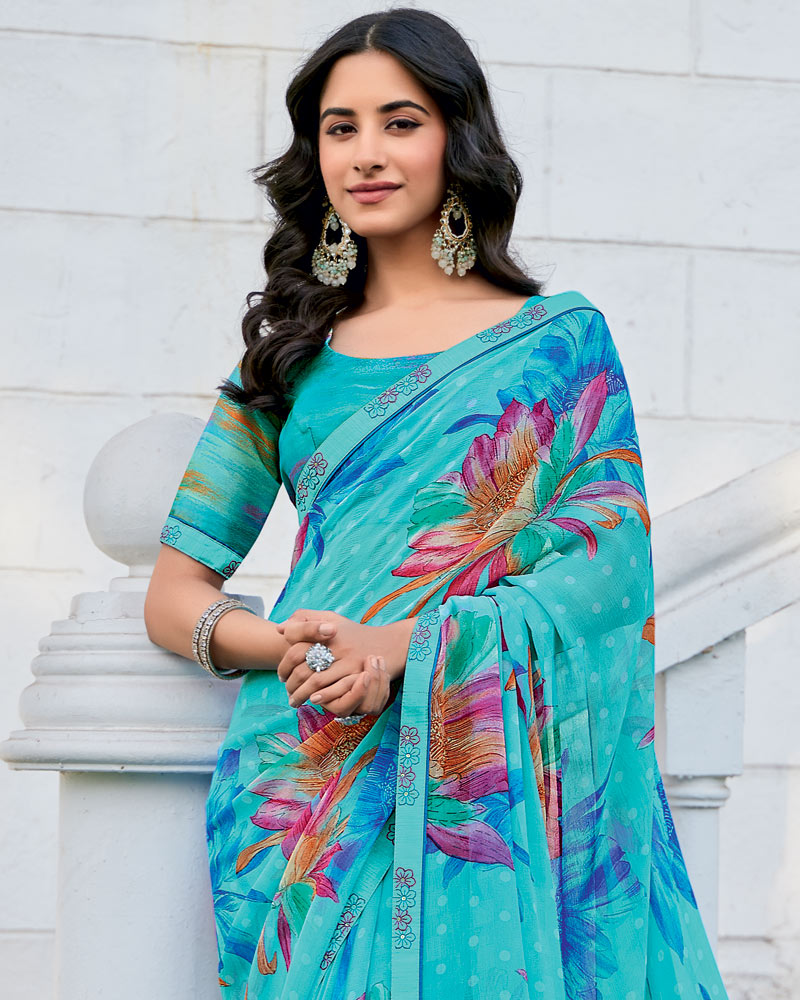 Vishal Prints Fountain Blue Printed Patterned Georgette Saree With Fancy Border