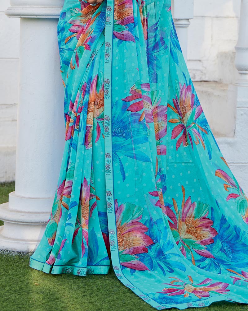 Vishal Prints Fountain Blue Printed Patterned Georgette Saree With Fancy Border