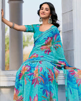 Vishal Prints Fountain Blue Printed Patterned Georgette Saree With Fancy Border