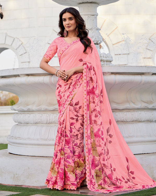 Vishal Prints Daisy Pink Printed Patterned Georgette Saree With Fancy Border