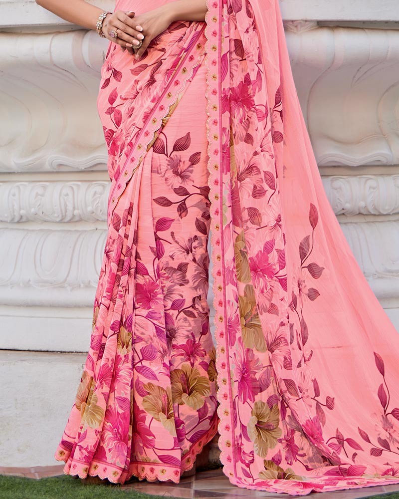 Vishal Prints Daisy Pink Printed Patterned Georgette Saree With Fancy Border