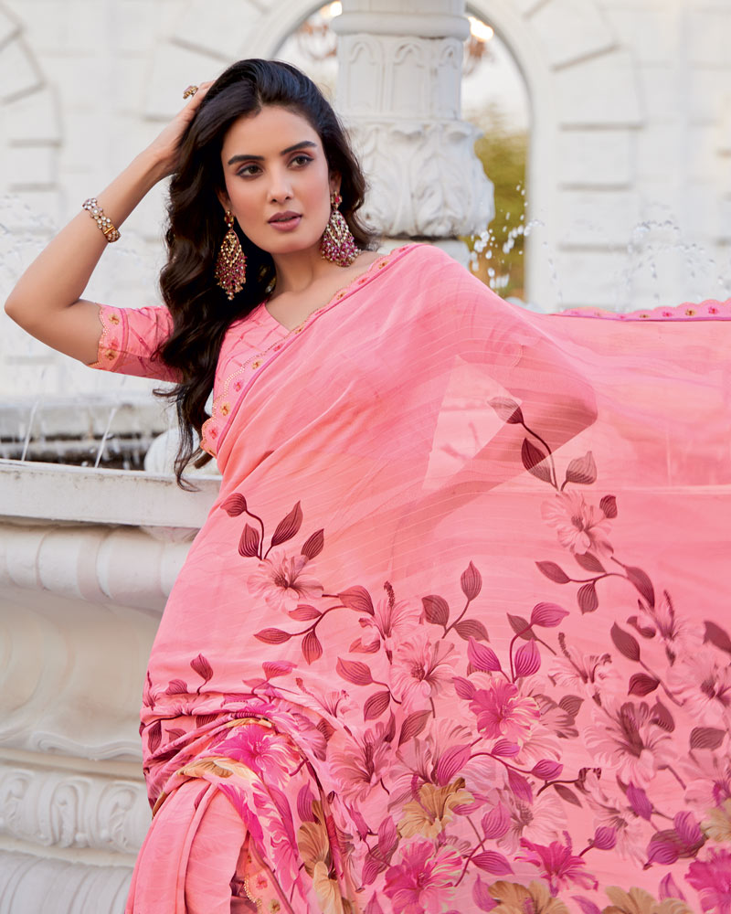 Vishal Prints Daisy Pink Printed Patterned Georgette Saree With Fancy Border