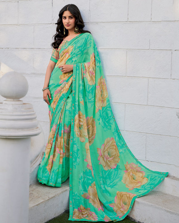 Vishal Prints Mint Green Printed Patterned Georgette Saree With Fancy Border