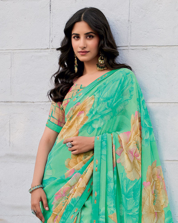 Vishal Prints Mint Green Printed Patterned Georgette Saree With Fancy Border