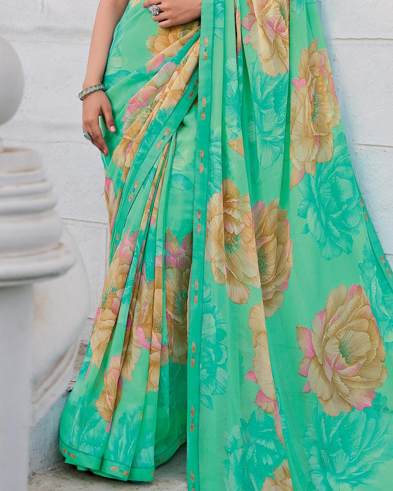 Vishal Prints Mint Green Printed Patterned Georgette Saree With Fancy Border