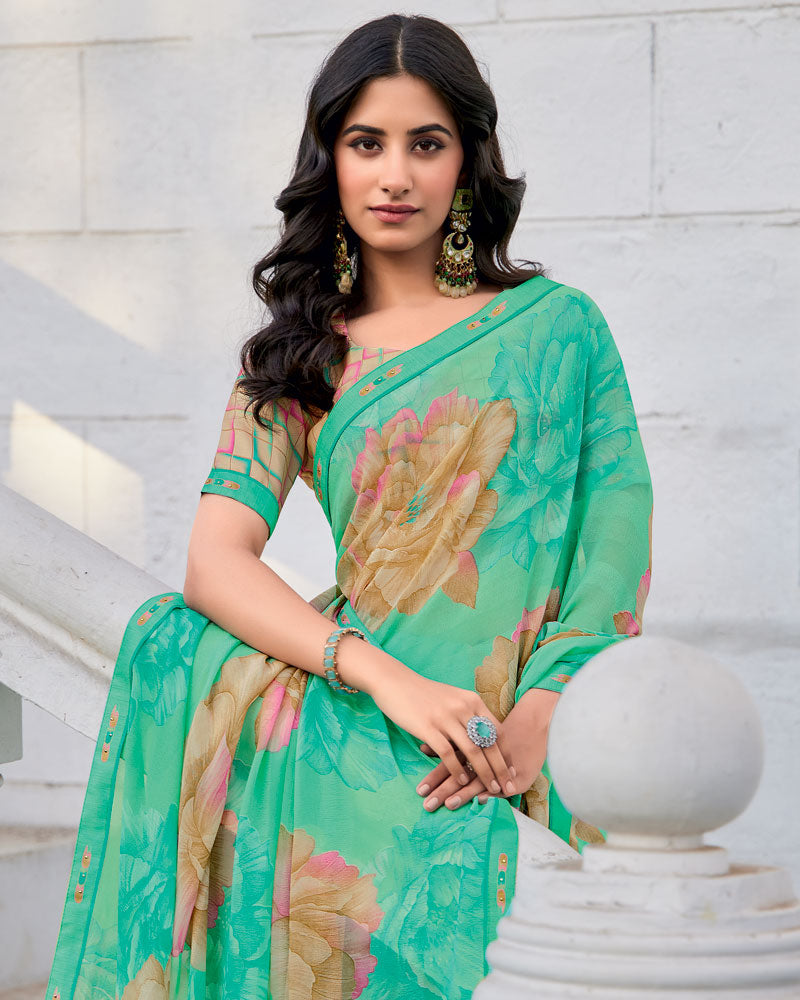 Vishal Prints Mint Green Printed Patterned Georgette Saree With Fancy Border