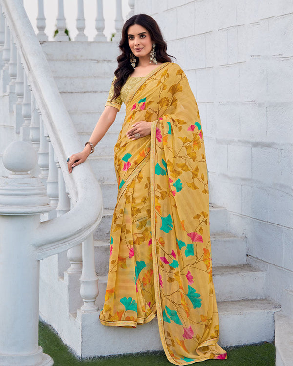Vishal Prints Yellowish Tan Printed Patterned Georgette Saree With Fancy Border
