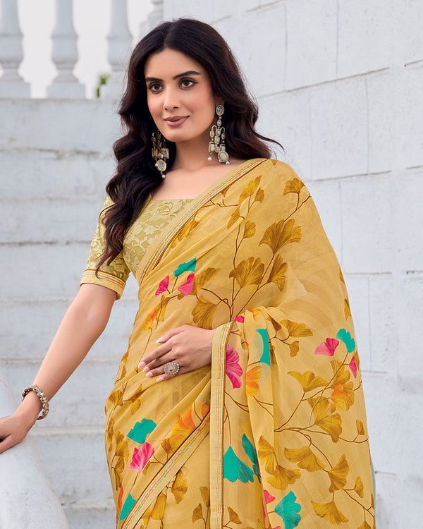 Vishal Prints Yellowish Tan Printed Patterned Georgette Saree With Fancy Border