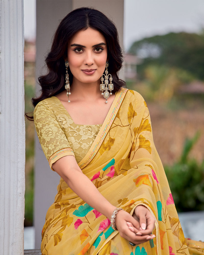 Vishal Prints Yellowish Tan Printed Patterned Georgette Saree With Fancy Border