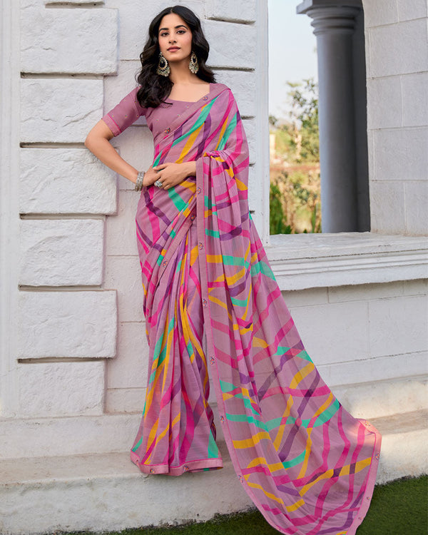 Vishal Prints Light Mauve Printed Patterned Georgette Saree With Fancy Border