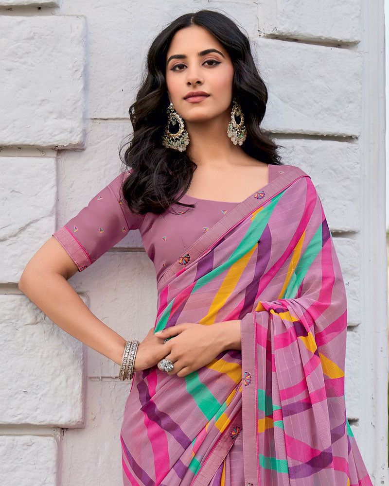 Vishal Prints Light Mauve Printed Patterned Georgette Saree With Fancy Border